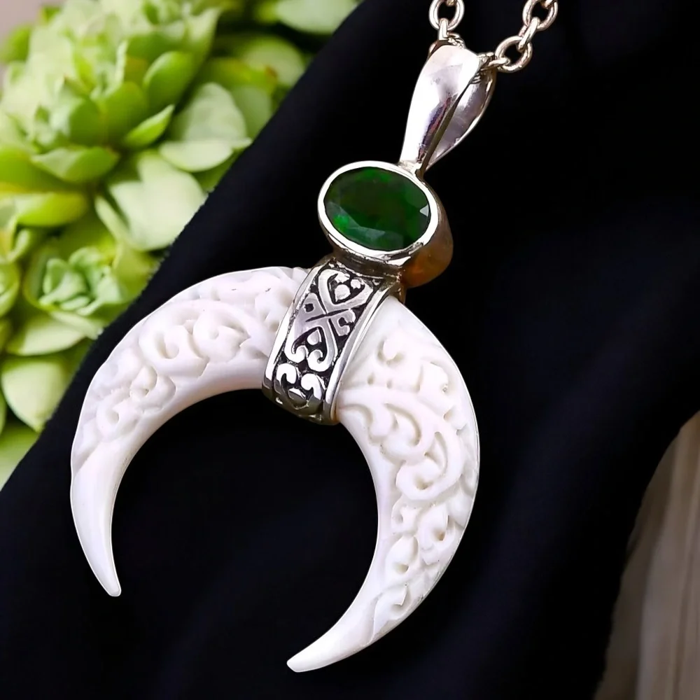Hand Carved Bone Crescent Moon Sterling Silver Natural Chrome Diopside Pendant